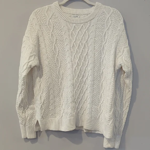 J. Crew Fisherman Cable Knit Sweater White 100% Cotton size Large - Picture 1 of 8